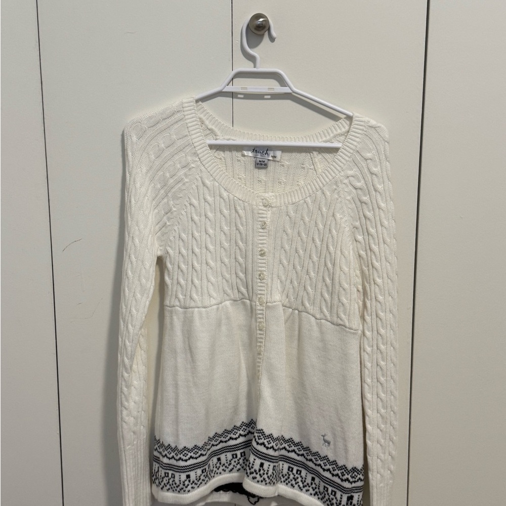 Baby Doll White Cable Knit Sweater with fair isle pattern